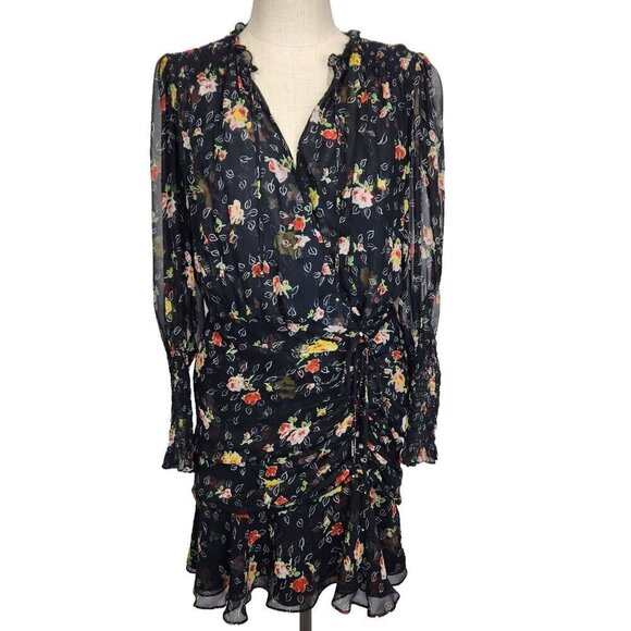 Veronica Beard Black Floral Armeria Dress 10 Chiffon Ruched Sheer Long Sleeve